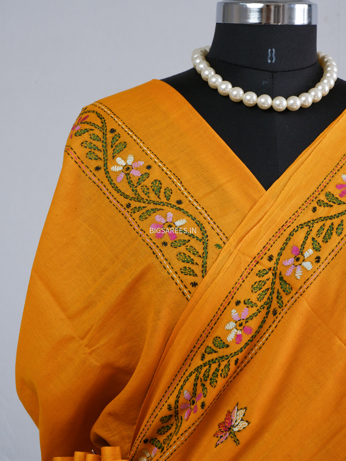 Kantha Hand-Embroidered Saree | Pure Khadi Cotton | Orange