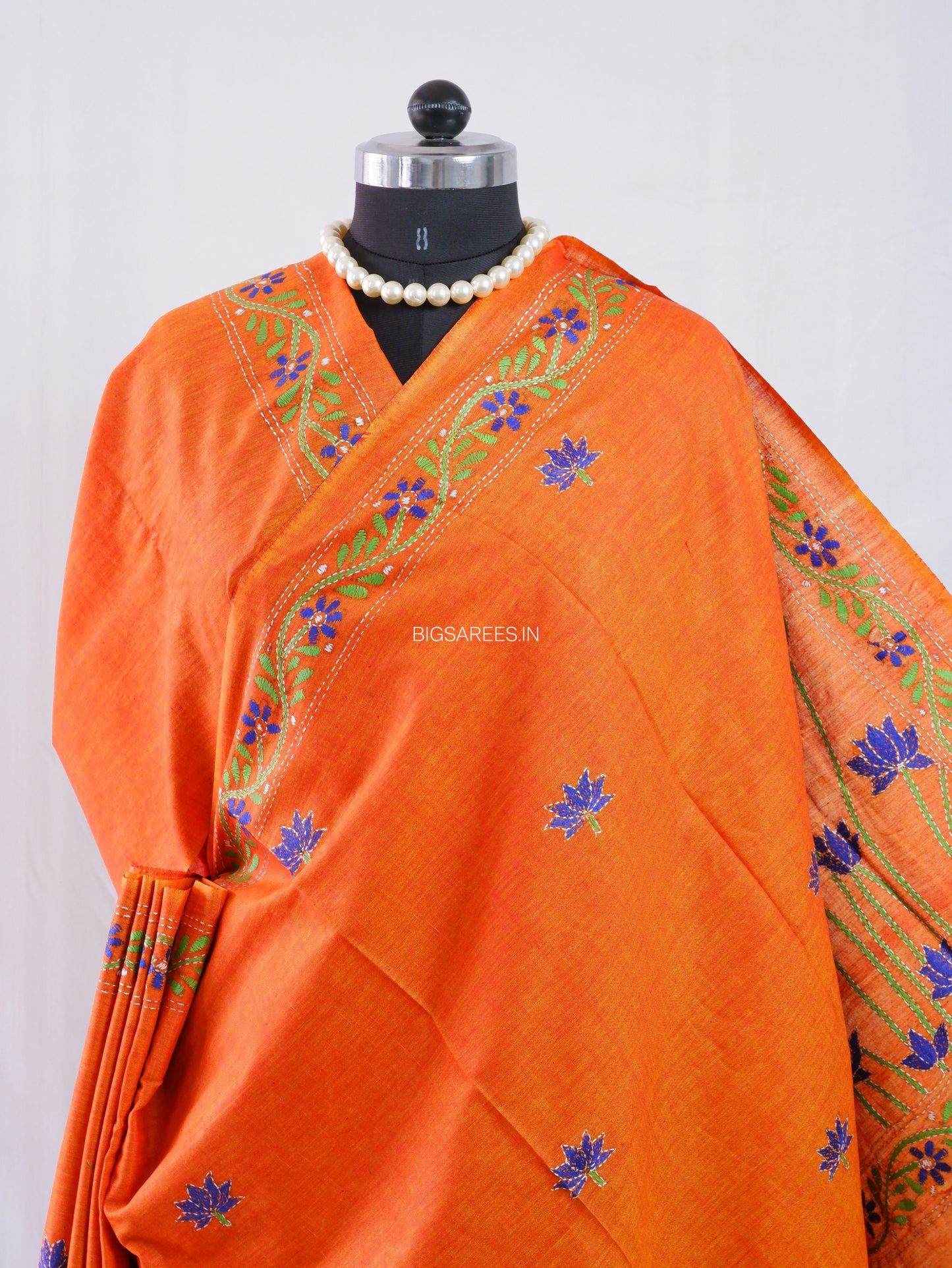Kantha Stitch Hand-Embroidered Saree | Khadi Cotton | Saffron