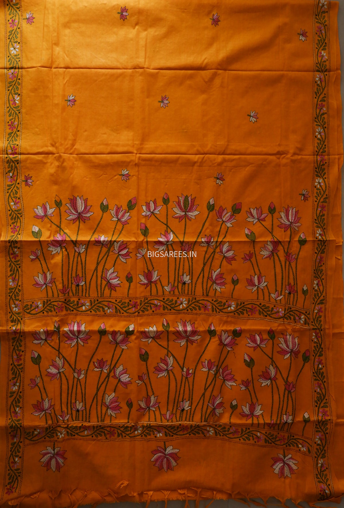Kantha Hand-Embroidered Saree | Pure Khadi Cotton | Orange