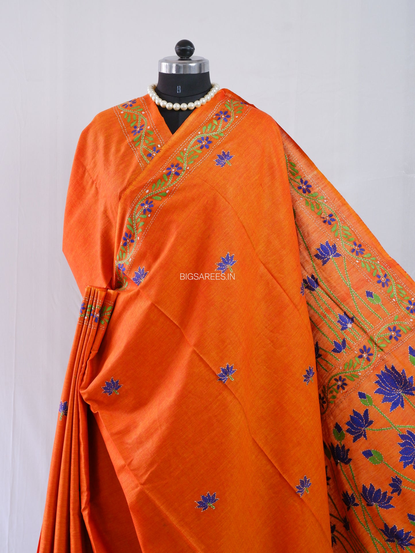 Kantha Stitch Hand-Embroidered Saree | Khadi Cotton | Saffron