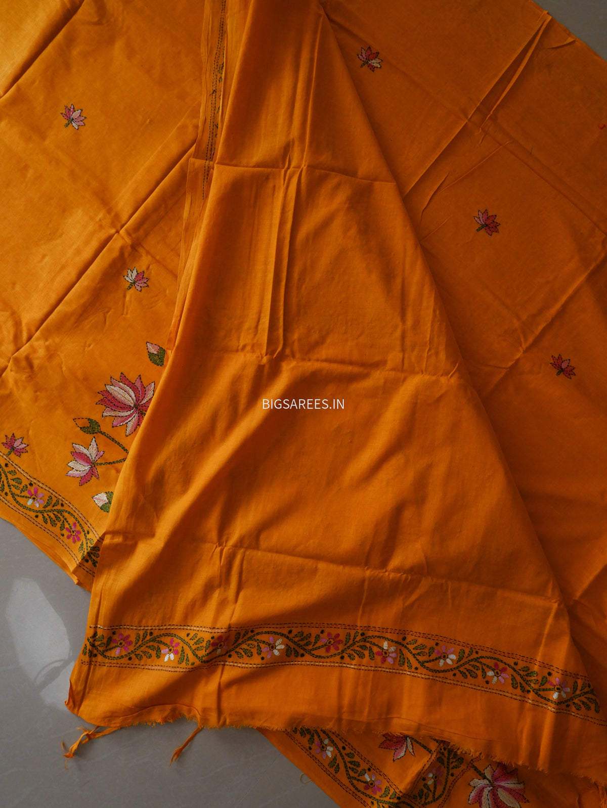 Kantha Hand-Embroidered Saree | Pure Khadi Cotton | Orange
