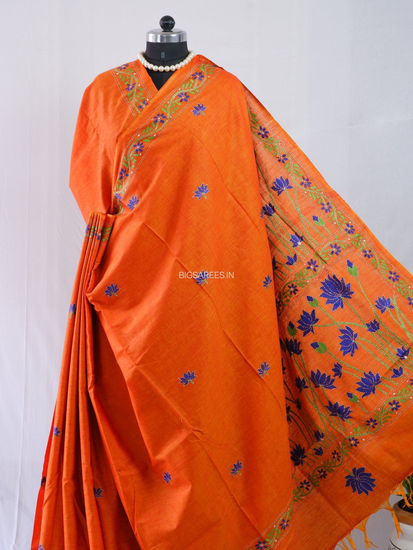 Kantha Stitch Hand-Embroidered Saree | Khadi Cotton | Saffron