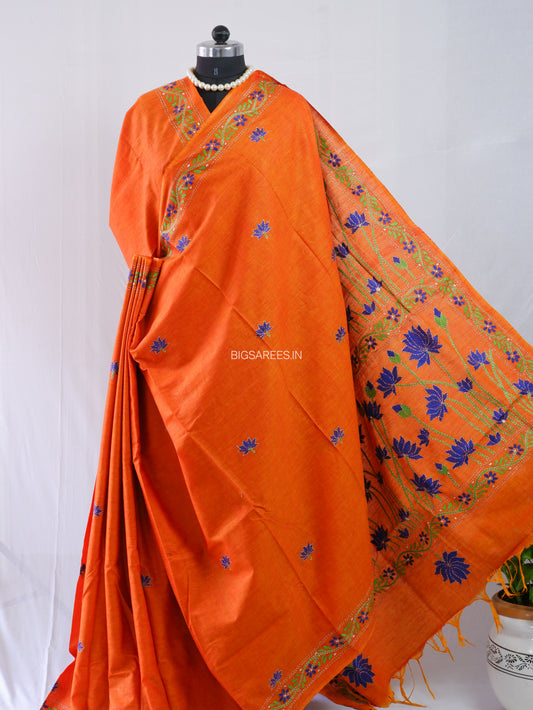 Kantha Stitch Hand-Embroidered Saree | Khadi Cotton | Saffron