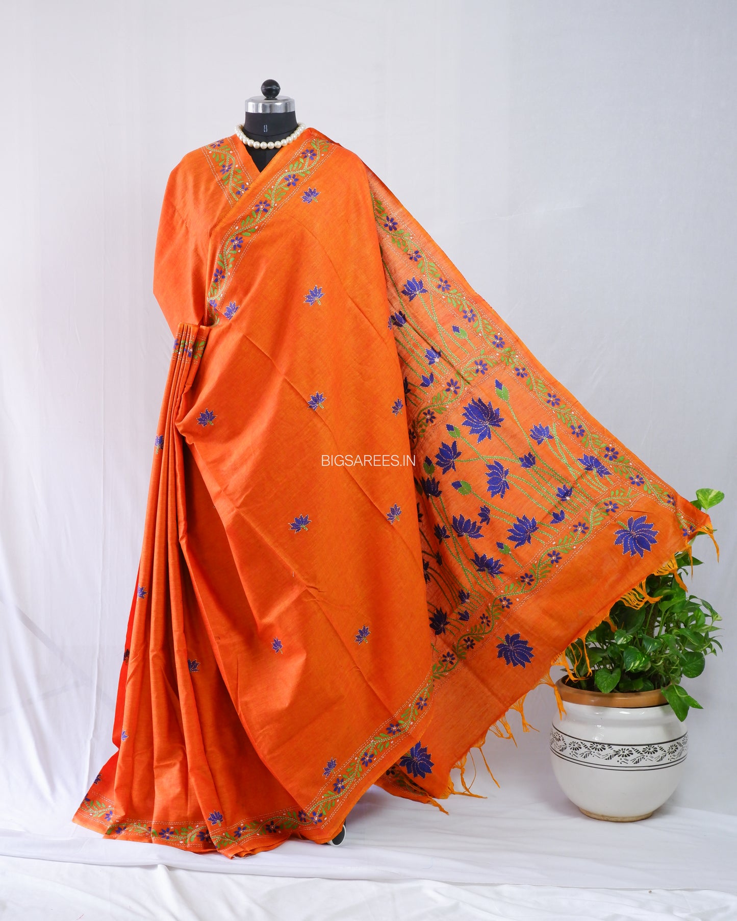 Kantha Stitch Hand-Embroidered Saree | Khadi Cotton | Saffron