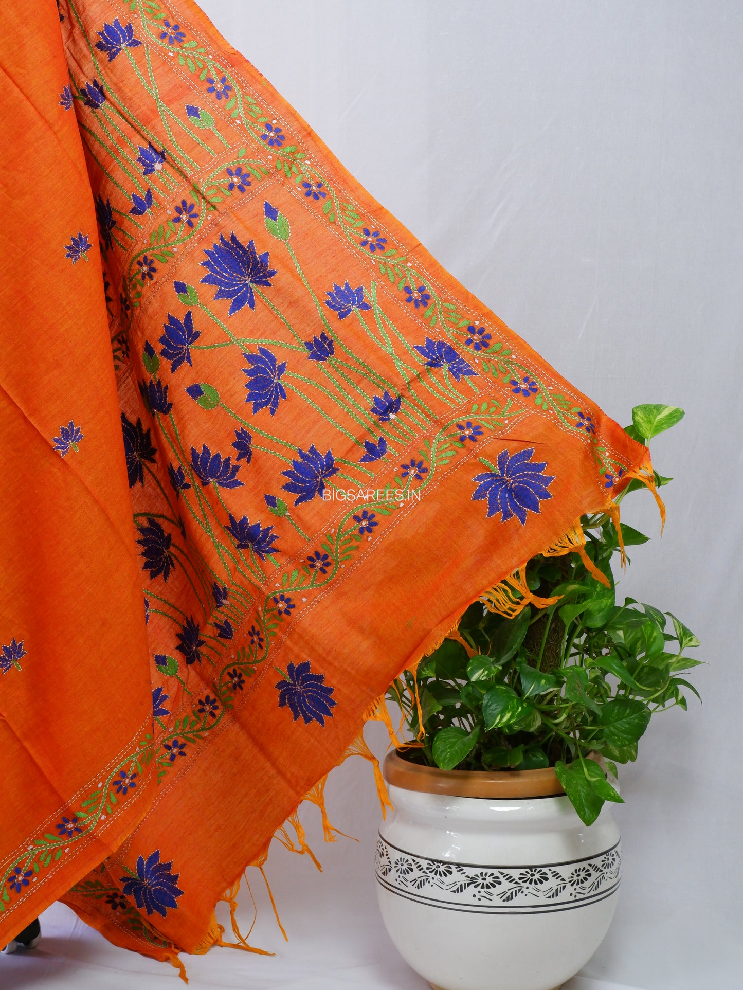 Kantha Stitch Hand-Embroidered Saree | Khadi Cotton | Saffron