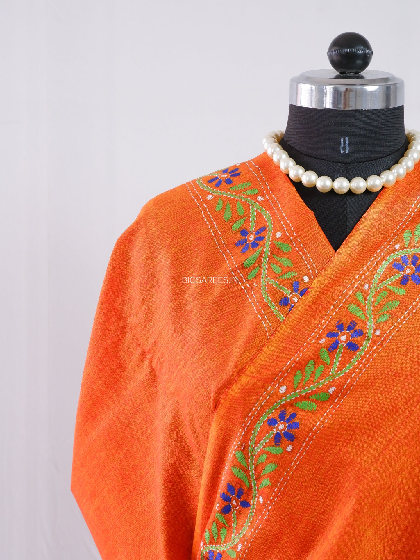 Kantha Stitch Hand-Embroidered Saree | Khadi Cotton | Saffron