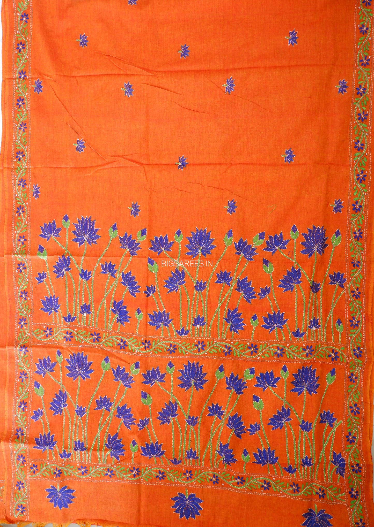 Kantha Stitch Hand-Embroidered Saree | Khadi Cotton | Saffron