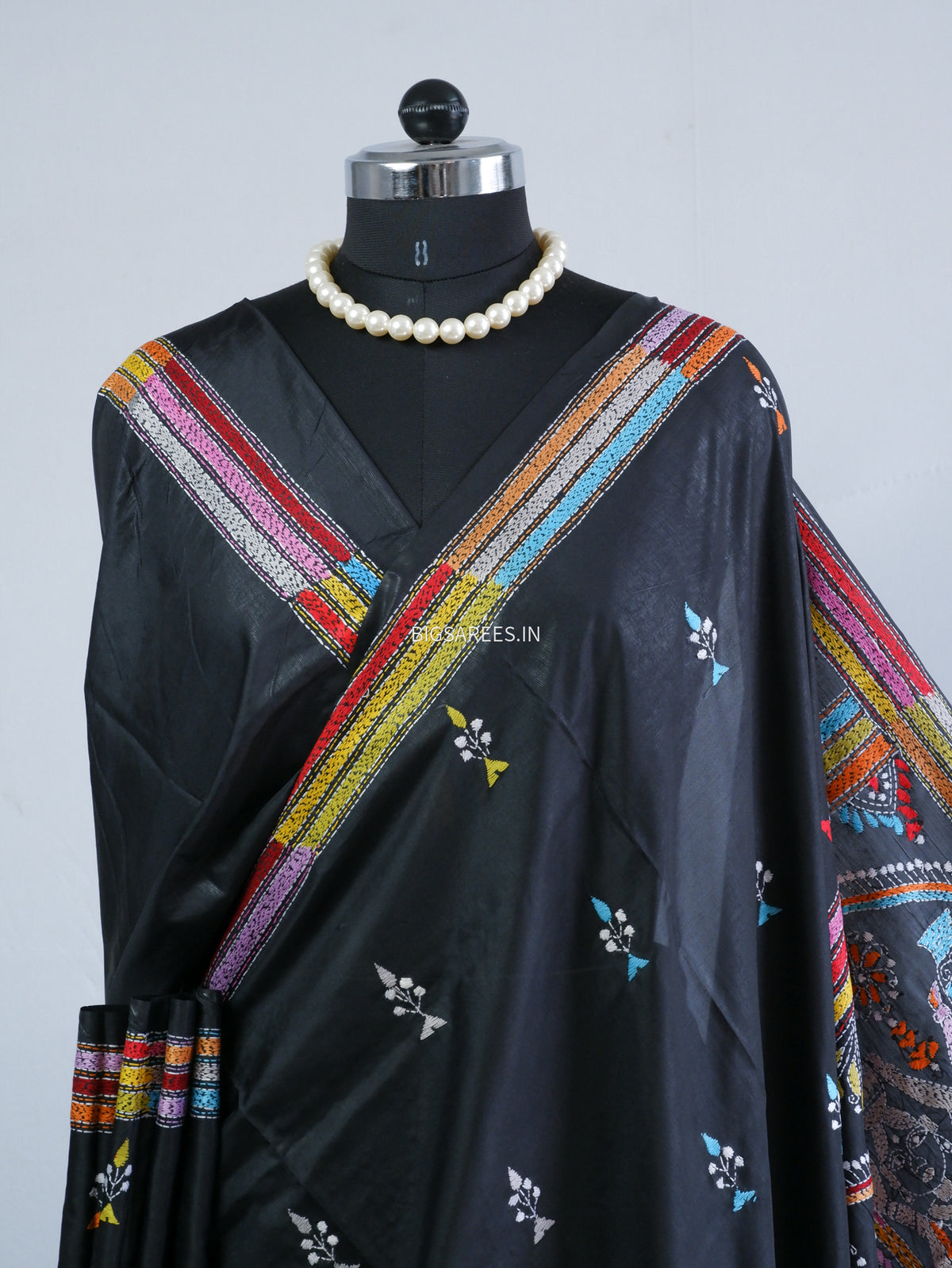Kantha Stitch Hand Embroidered Saree | Blended Bangalore Silk / Art Silk | Black