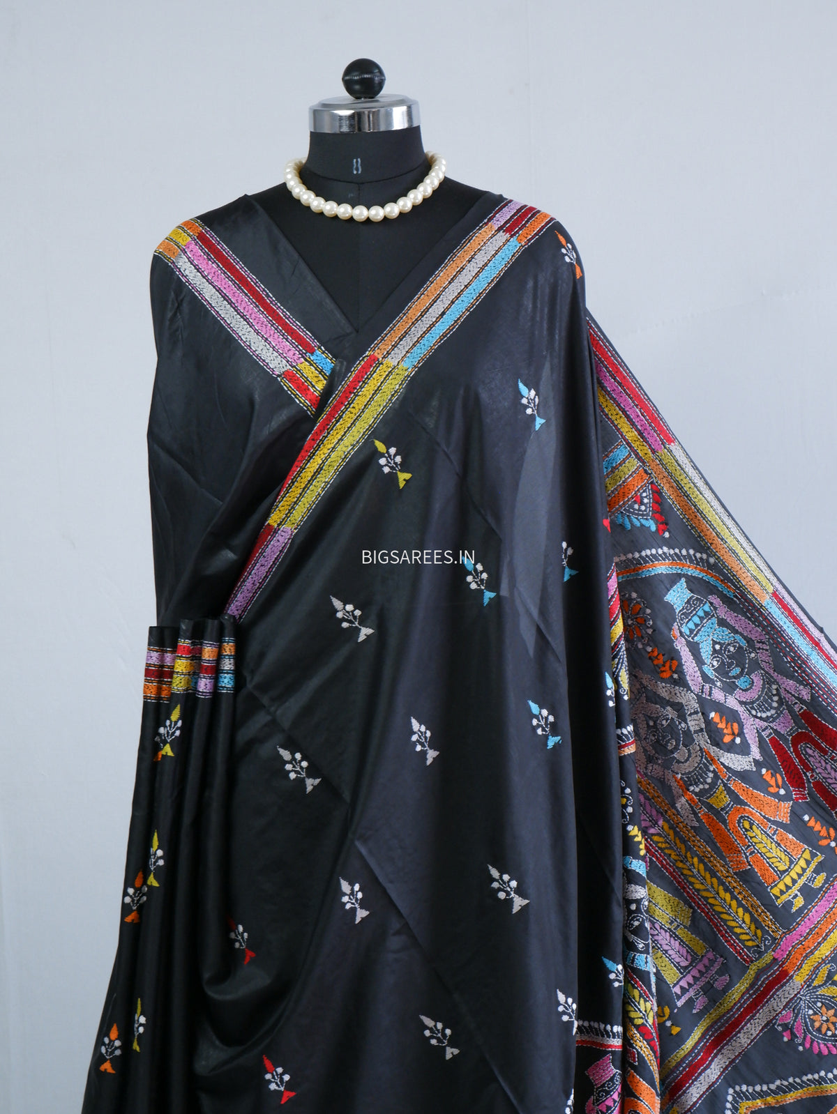 Kantha Stitch Hand Embroidered Saree | Blended Bangalore Silk / Art Silk | Black