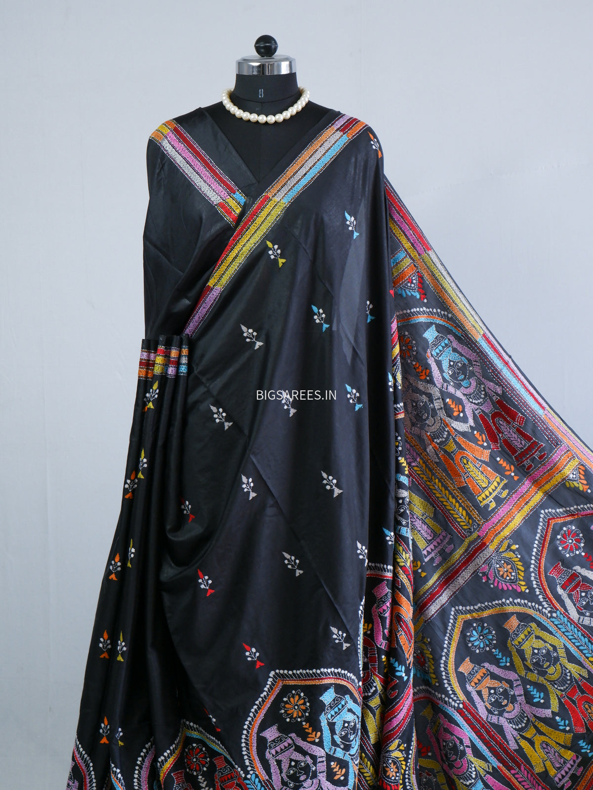 Kantha Stitch Hand Embroidered Saree | Blended Bangalore Silk / Art Silk | Black
