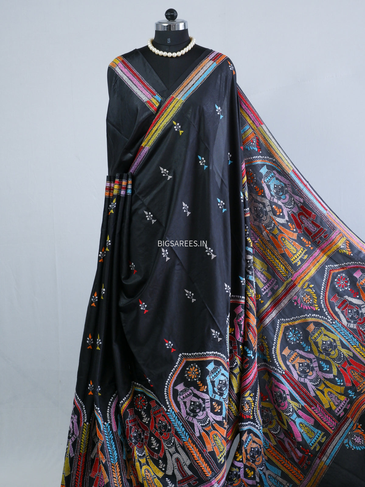 Kantha Stitch Hand Embroidered Saree | Blended Bangalore Silk / Art Silk | Black