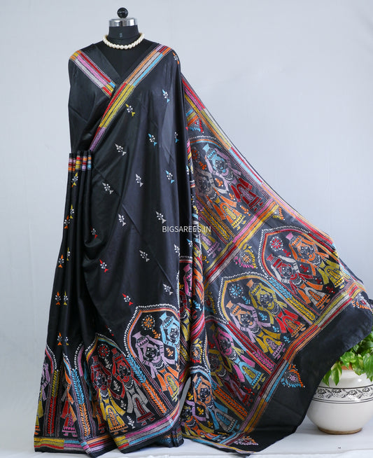 Kantha Stitch Hand Embroidered Saree | Blended Bangalore Silk / Art Silk | Black