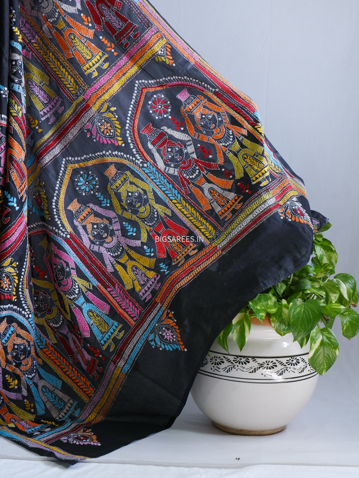 Kantha Stitch Hand Embroidered Saree | Blended Bangalore Silk / Art Silk | Black