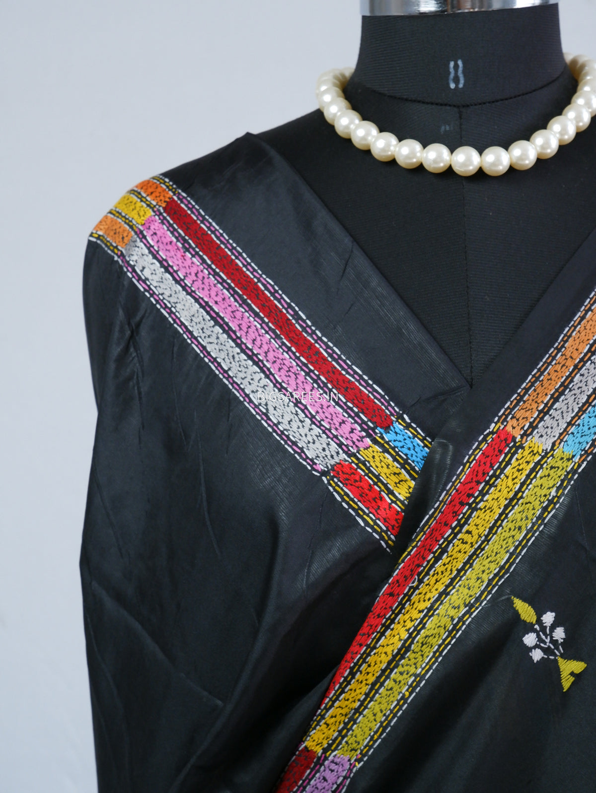 Kantha Stitch Hand Embroidered Saree | Blended Bangalore Silk / Art Silk | Black