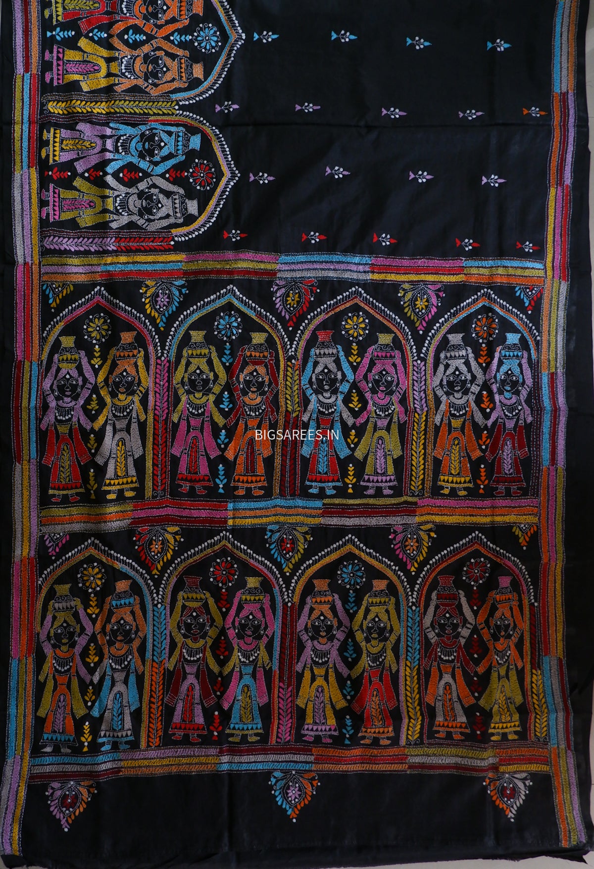 Kantha Stitch Hand Embroidered Saree | Blended Bangalore Silk / Art Silk | Black