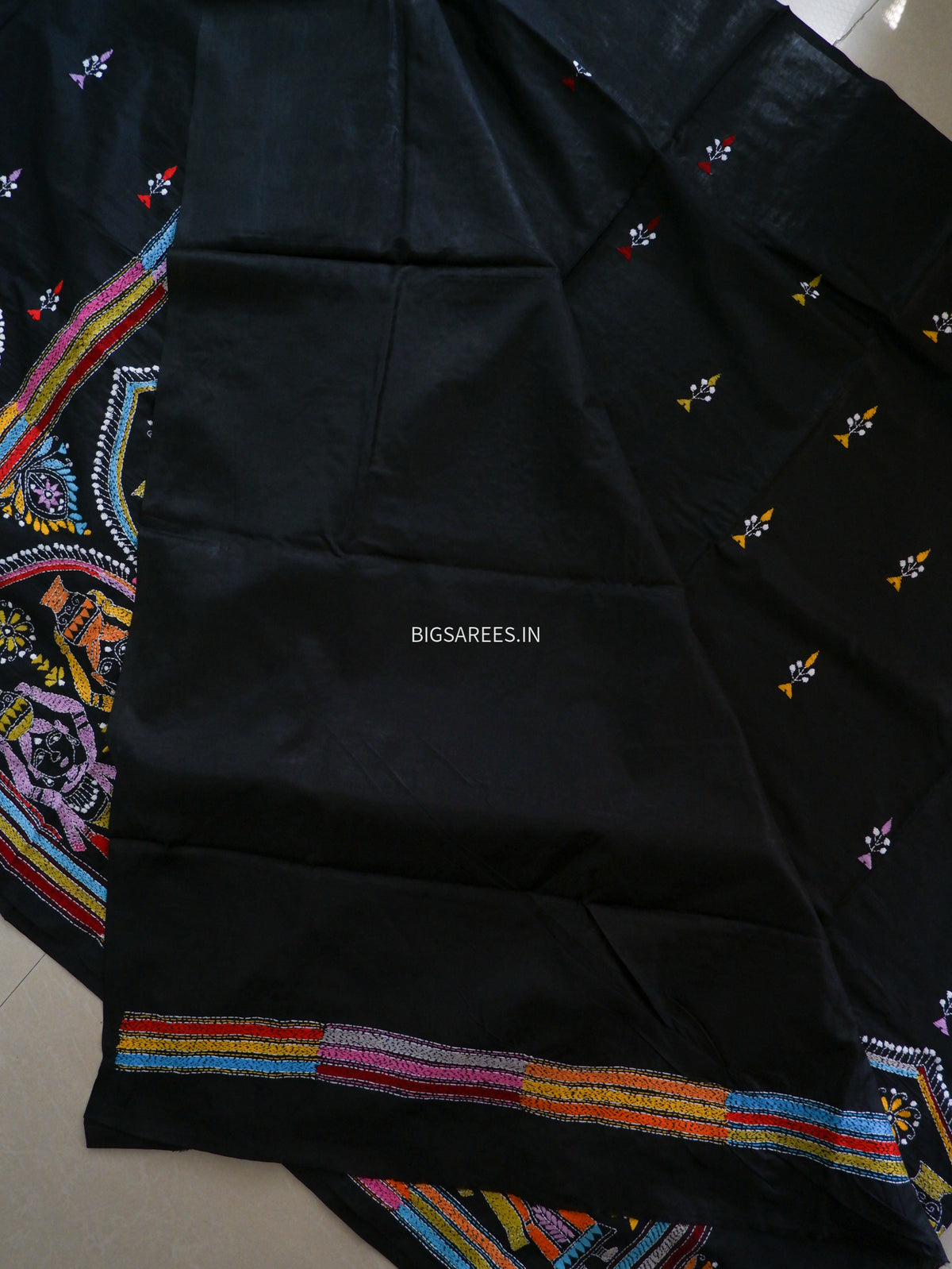 Kantha Stitch Hand Embroidered Saree | Blended Bangalore Silk / Art Silk | Black