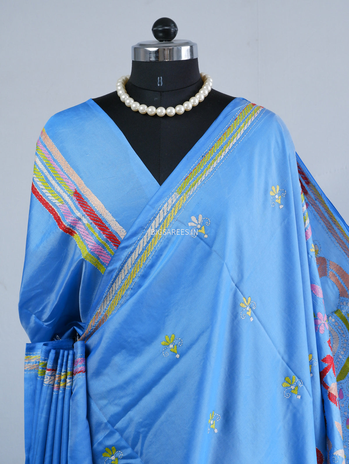 Kantha Stitch Hand Embroidered Saree | Blended Bangalore Silk / Art Silk | Light Blue