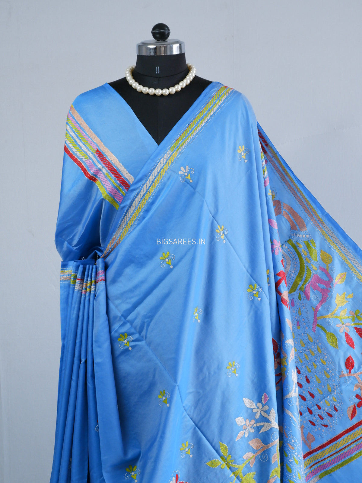 Kantha Stitch Hand Embroidered Saree | Blended Bangalore Silk / Art Silk | Light Blue