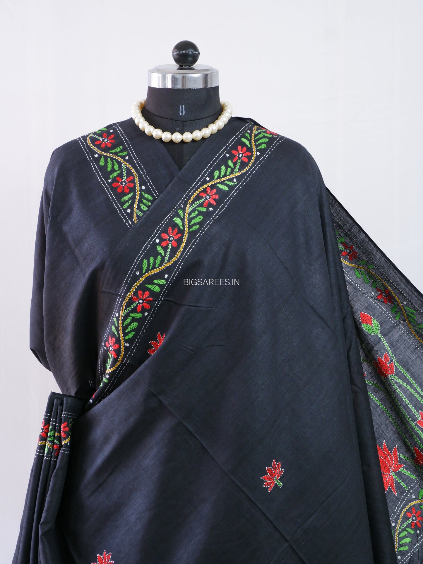 Kantha Hand-Embroidered Saree | Pure Khadi Cotton | Black