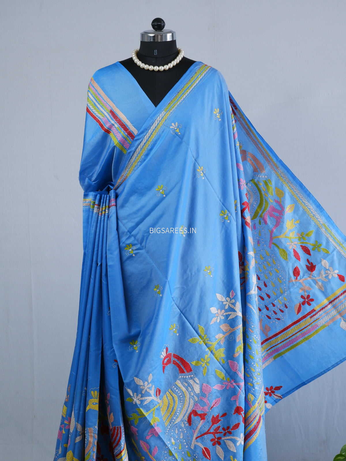 Kantha Stitch Hand Embroidered Saree | Blended Bangalore Silk / Art Silk | Light Blue