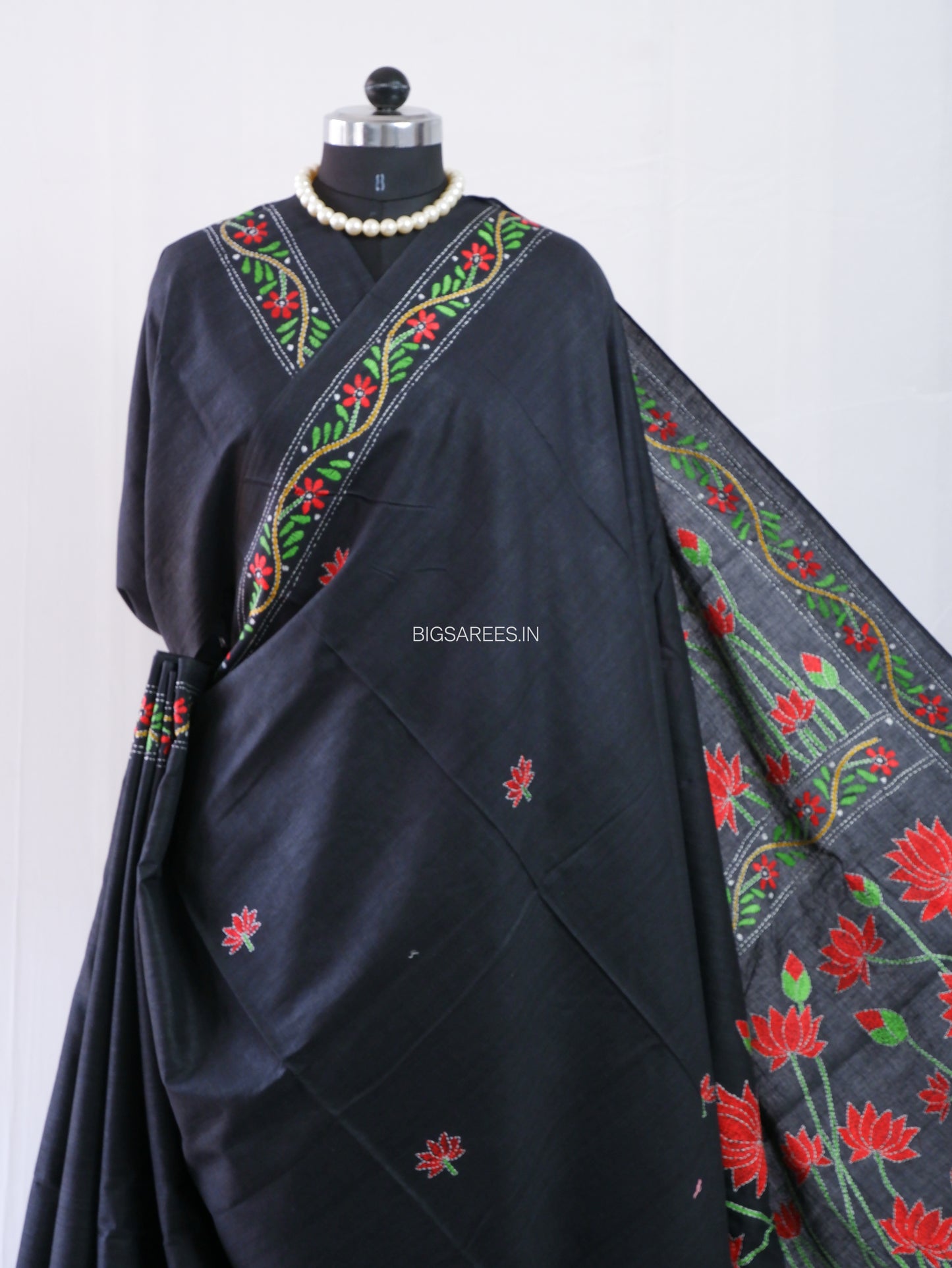 Kantha Hand-Embroidered Saree | Pure Khadi Cotton | Black