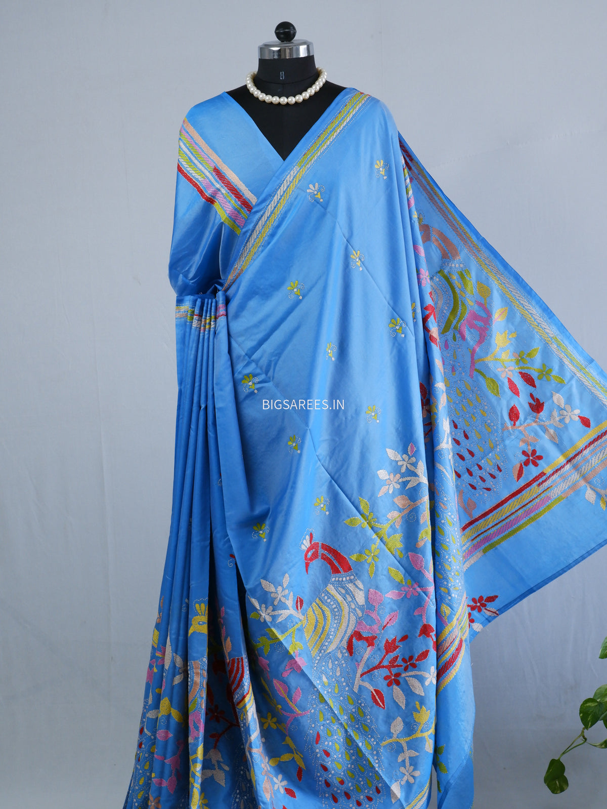 Kantha Stitch Hand Embroidered Saree | Blended Bangalore Silk / Art Silk | Light Blue