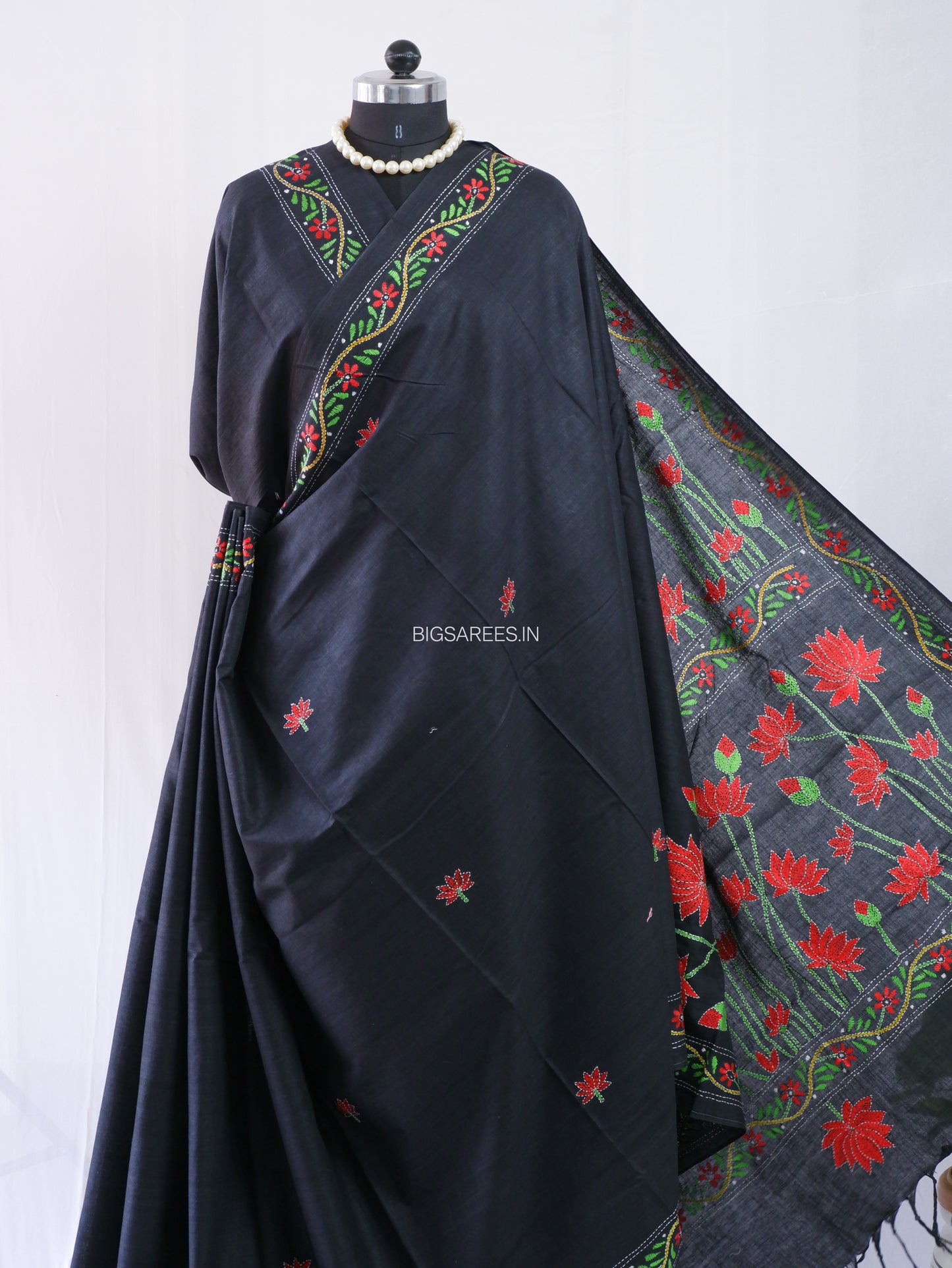 Kantha Hand-Embroidered Saree | Pure Khadi Cotton | Black