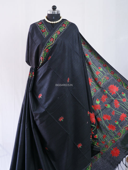 Kantha Hand-Embroidered Saree | Pure Khadi Cotton | Black
