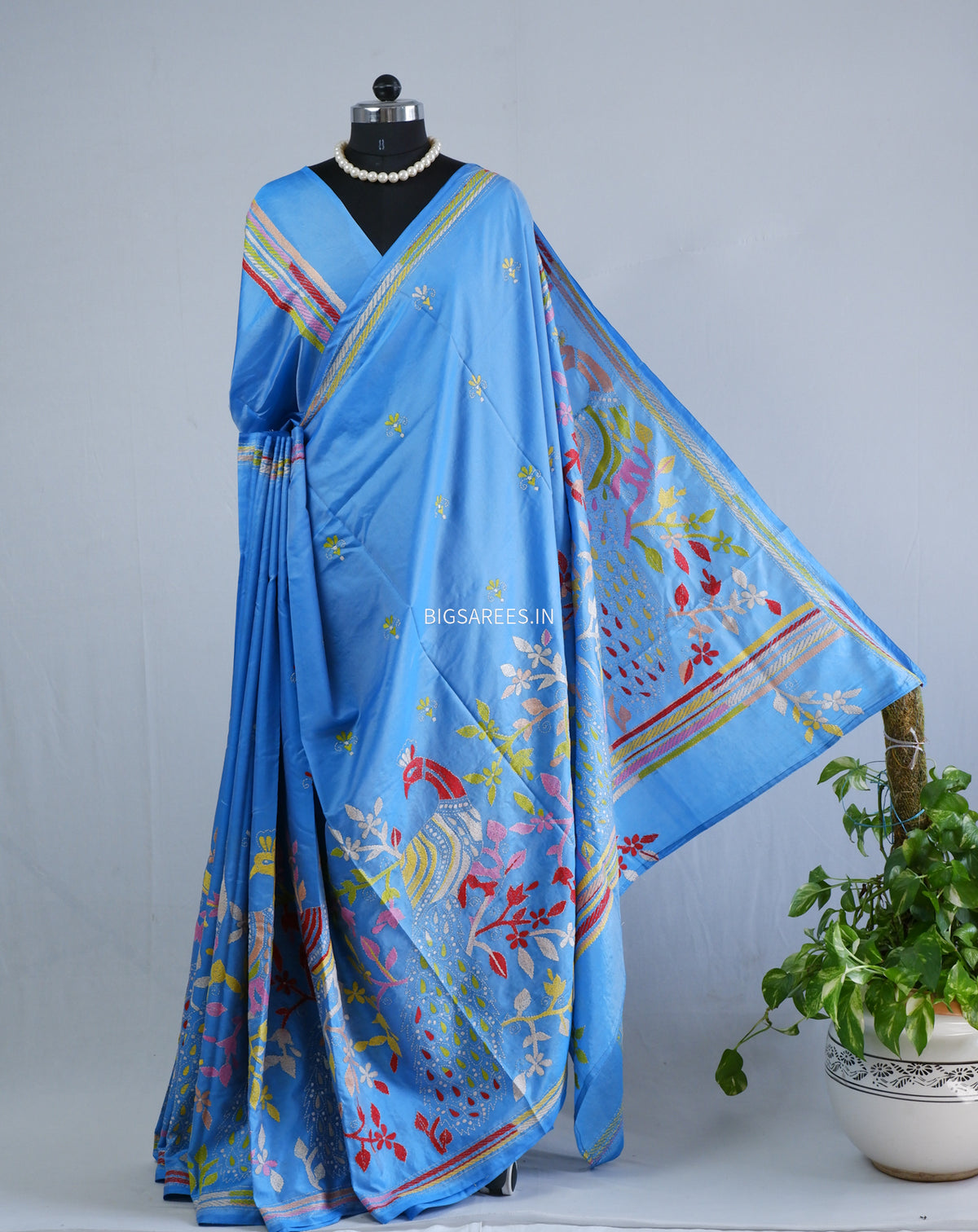 Kantha Stitch Hand Embroidered Saree | Blended Bangalore Silk / Art Silk | Light Blue