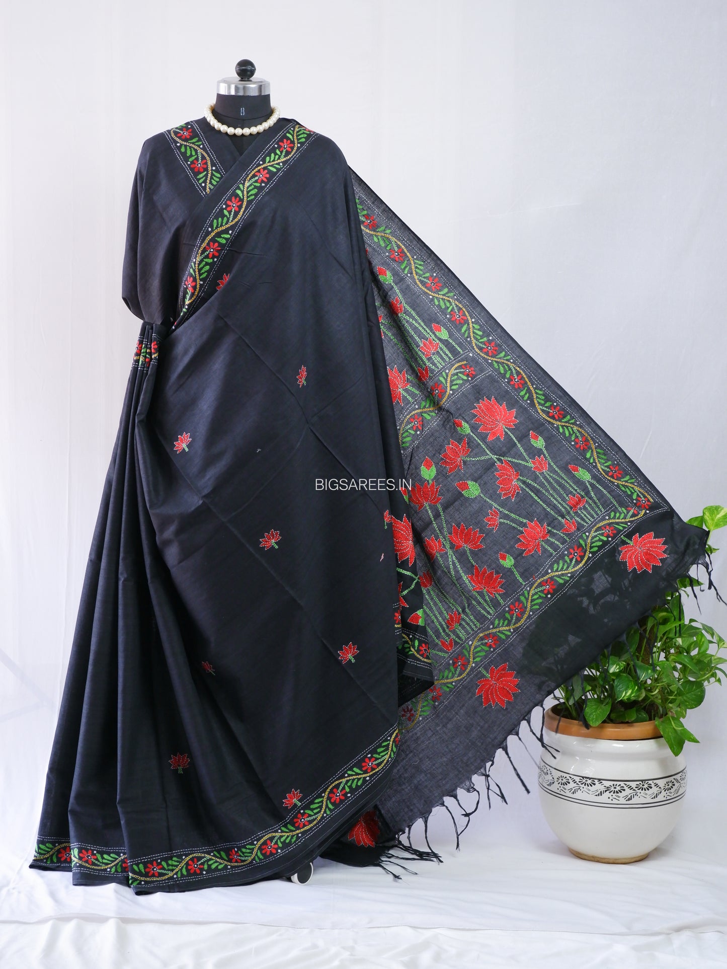 Kantha Hand-Embroidered Saree | Pure Khadi Cotton | Black
