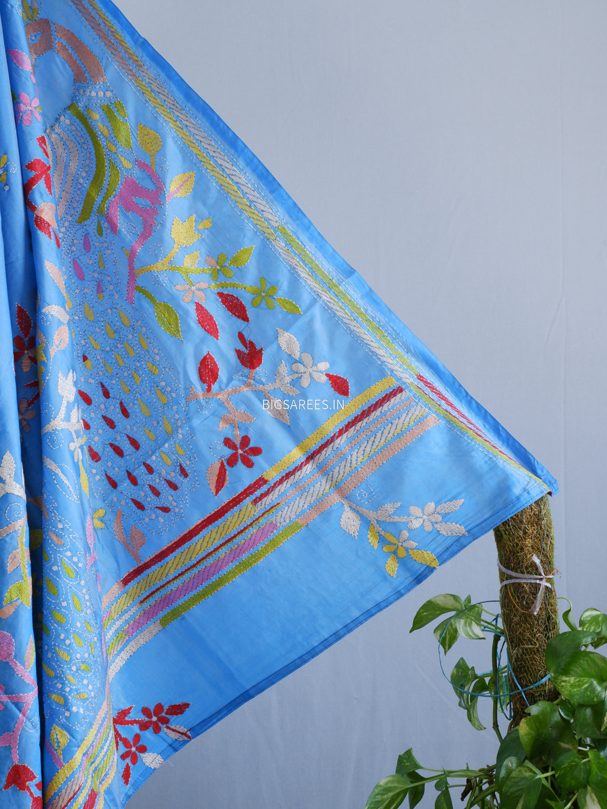 Kantha Stitch Hand Embroidered Saree | Blended Bangalore Silk / Art Silk | Light Blue