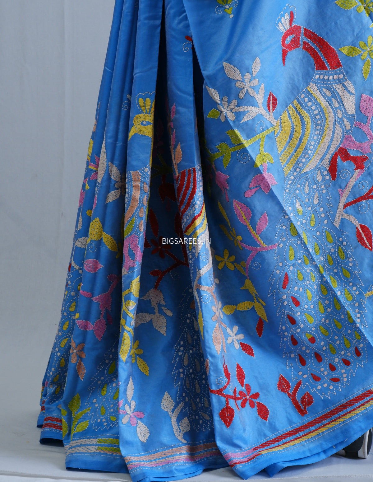 Kantha Stitch Hand Embroidered Saree | Blended Bangalore Silk / Art Silk | Light Blue