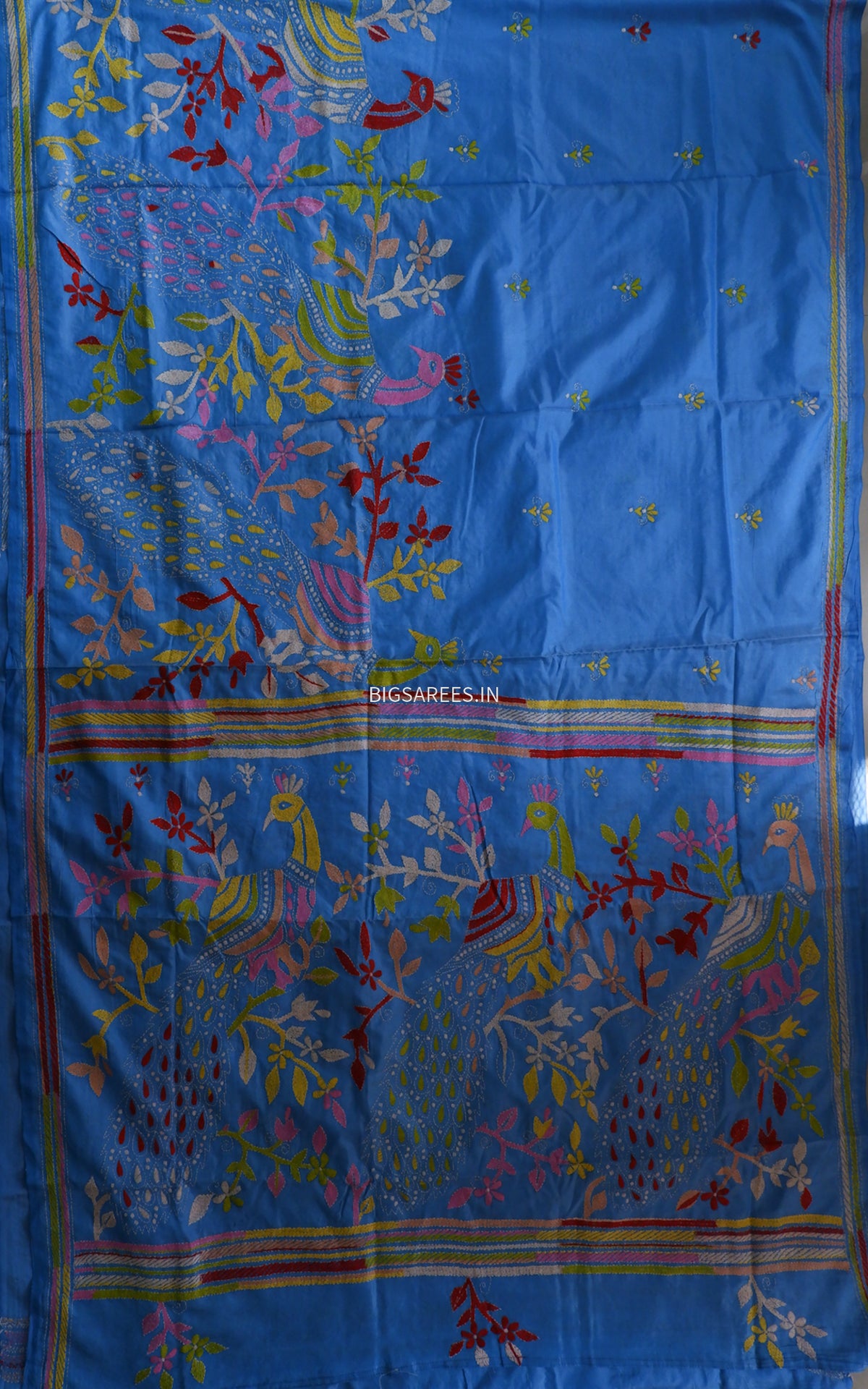Kantha Stitch Hand Embroidered Saree | Blended Bangalore Silk / Art Silk | Light Blue