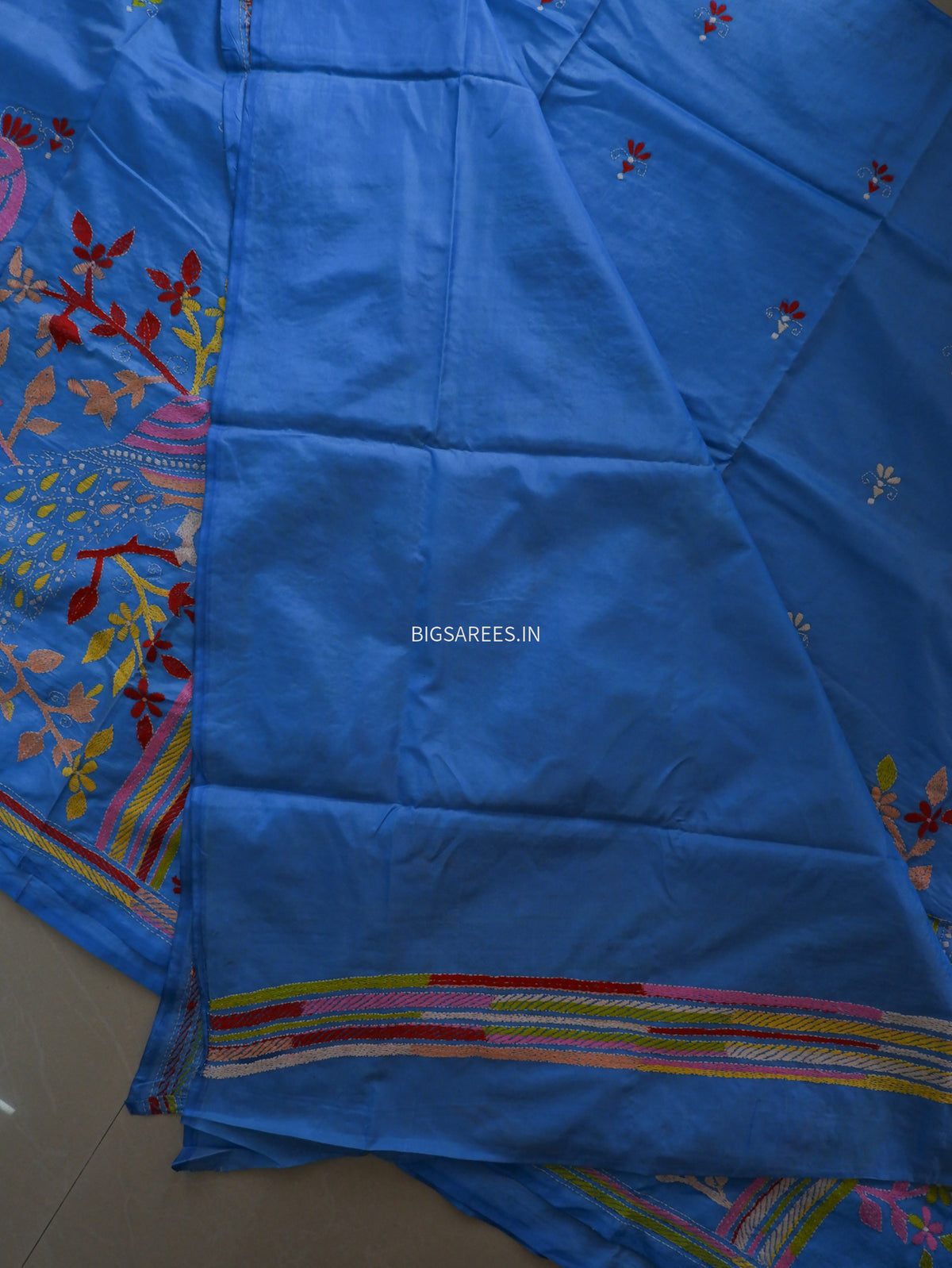 Kantha Stitch Hand Embroidered Saree | Blended Bangalore Silk / Art Silk | Light Blue