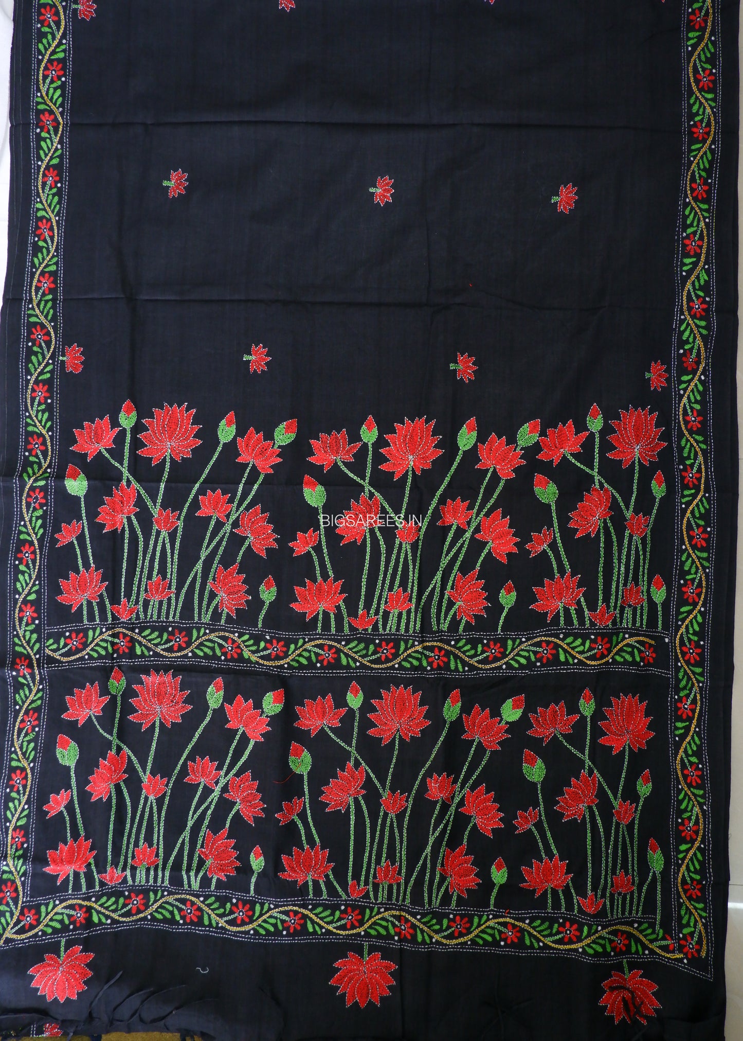 Kantha Hand-Embroidered Saree | Pure Khadi Cotton | Black