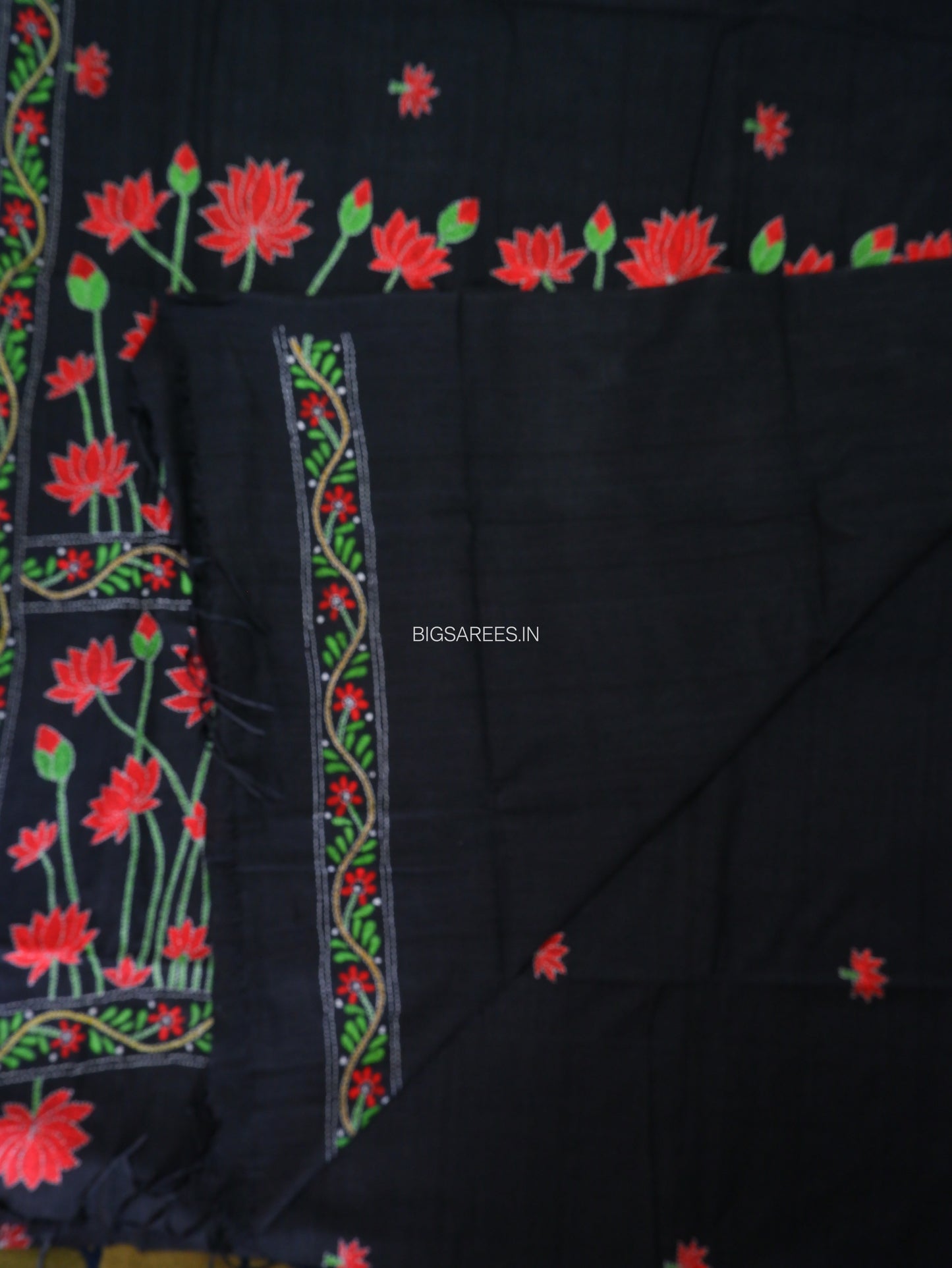 Kantha Hand-Embroidered Saree | Pure Khadi Cotton | Black