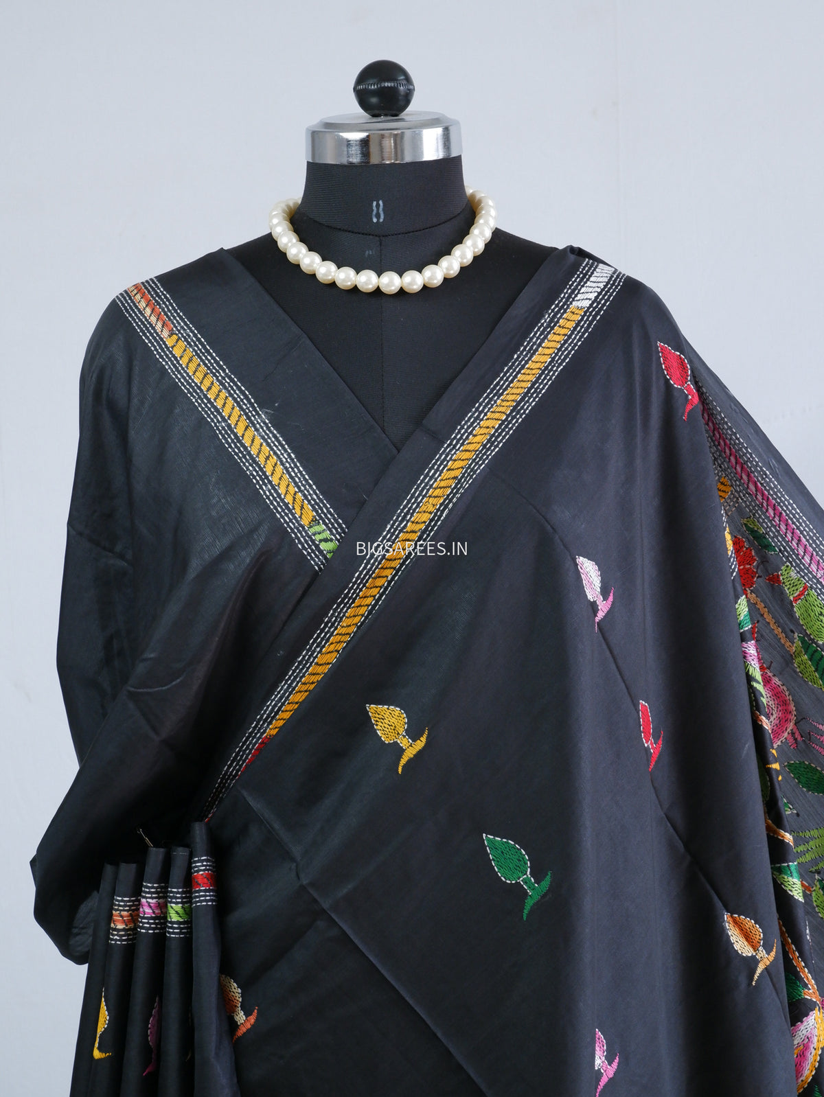 Kantha Hand Embroidered Saree | Blended Banglore Silk/Art Silk | Black