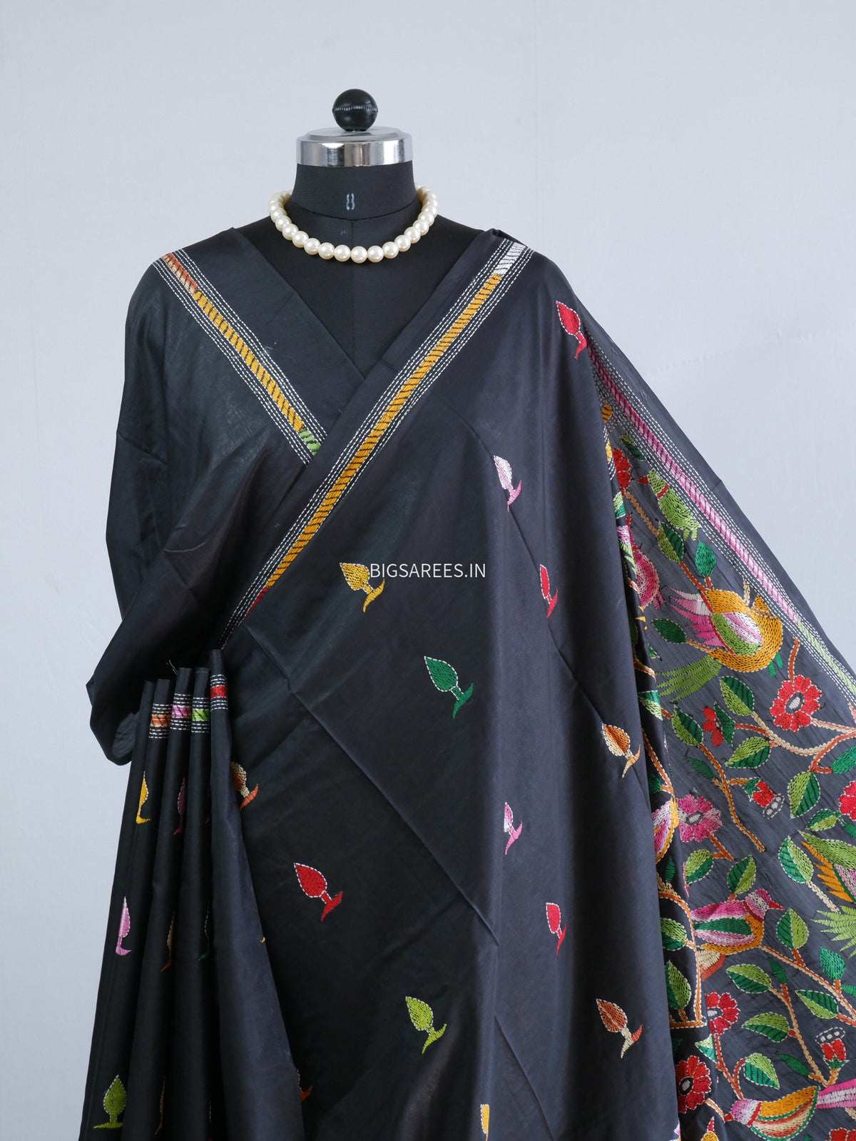 Kantha Hand Embroidered Saree | Blended Banglore Silk/Art Silk | Black