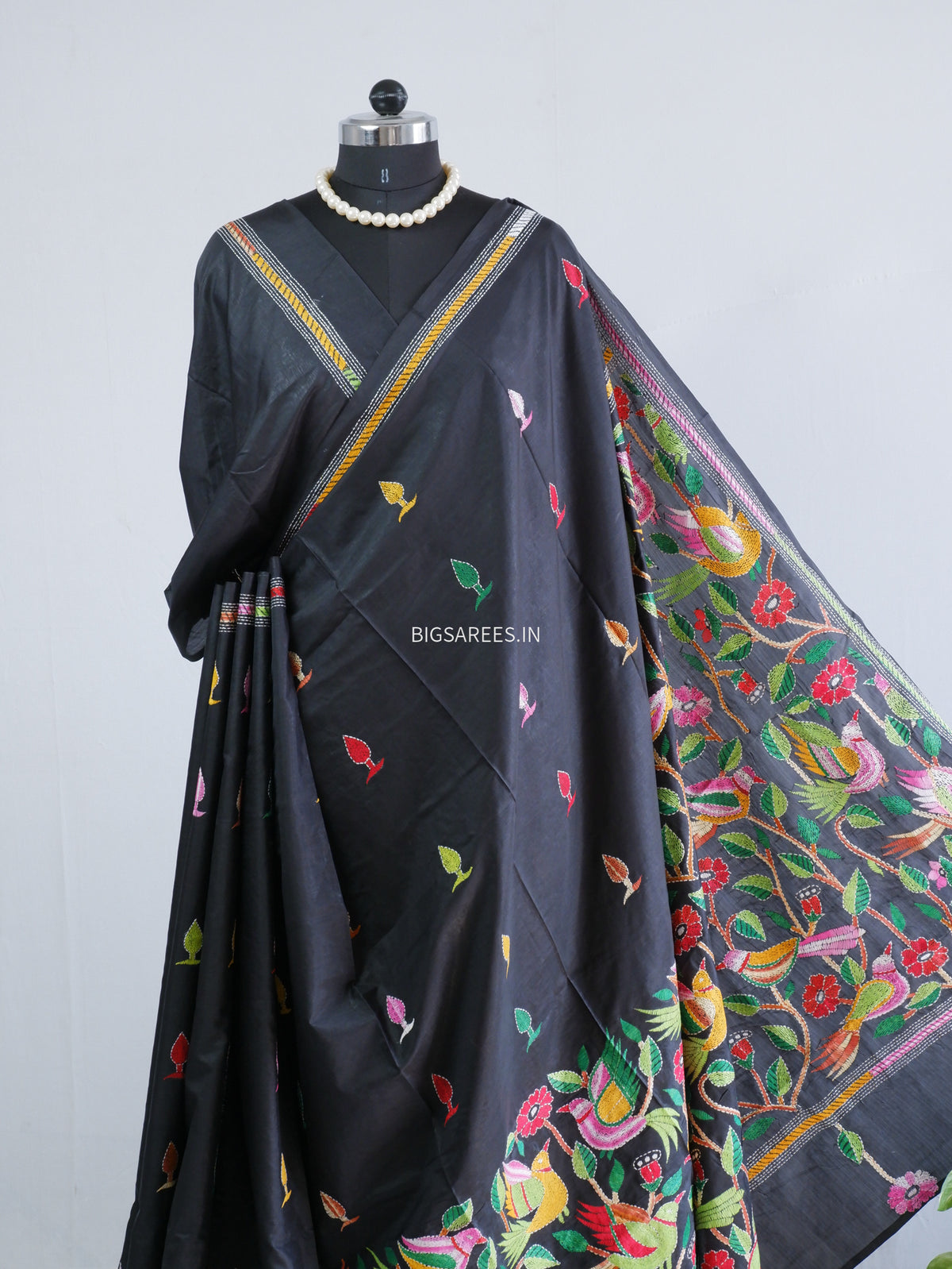 Kantha Hand Embroidered Saree | Blended Banglore Silk/Art Silk | Black