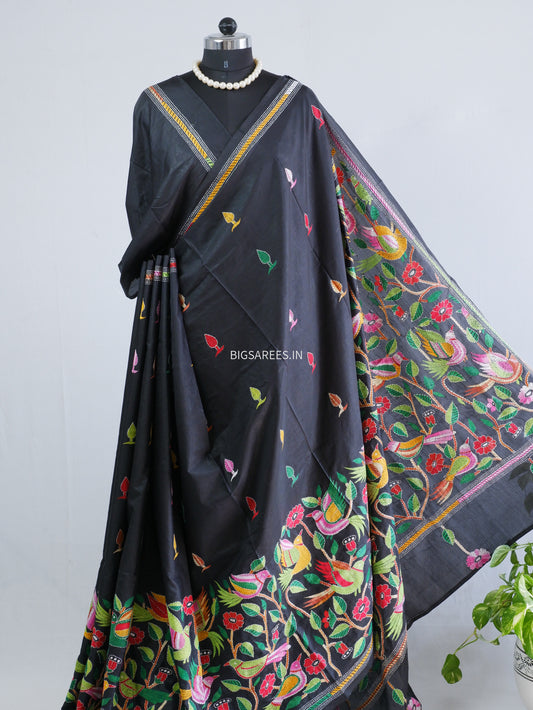 Kantha Hand Embroidered Saree | Blended Banglore Silk/Art Silk | Black