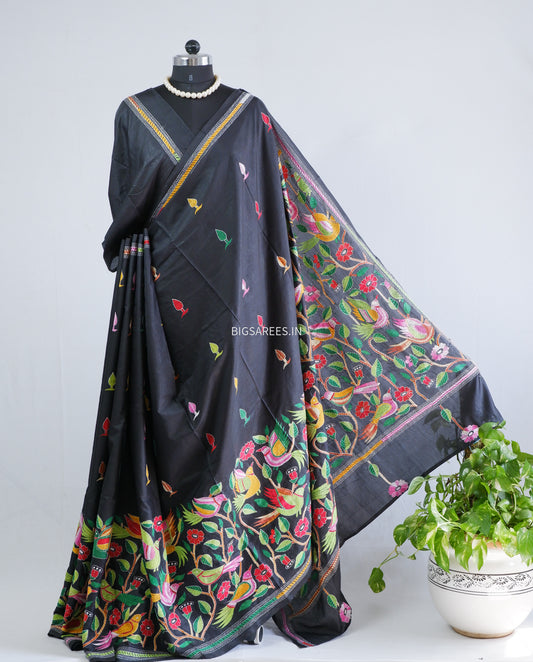 Kantha Hand Embroidered Saree | Blended Banglore Silk/Art Silk | Black