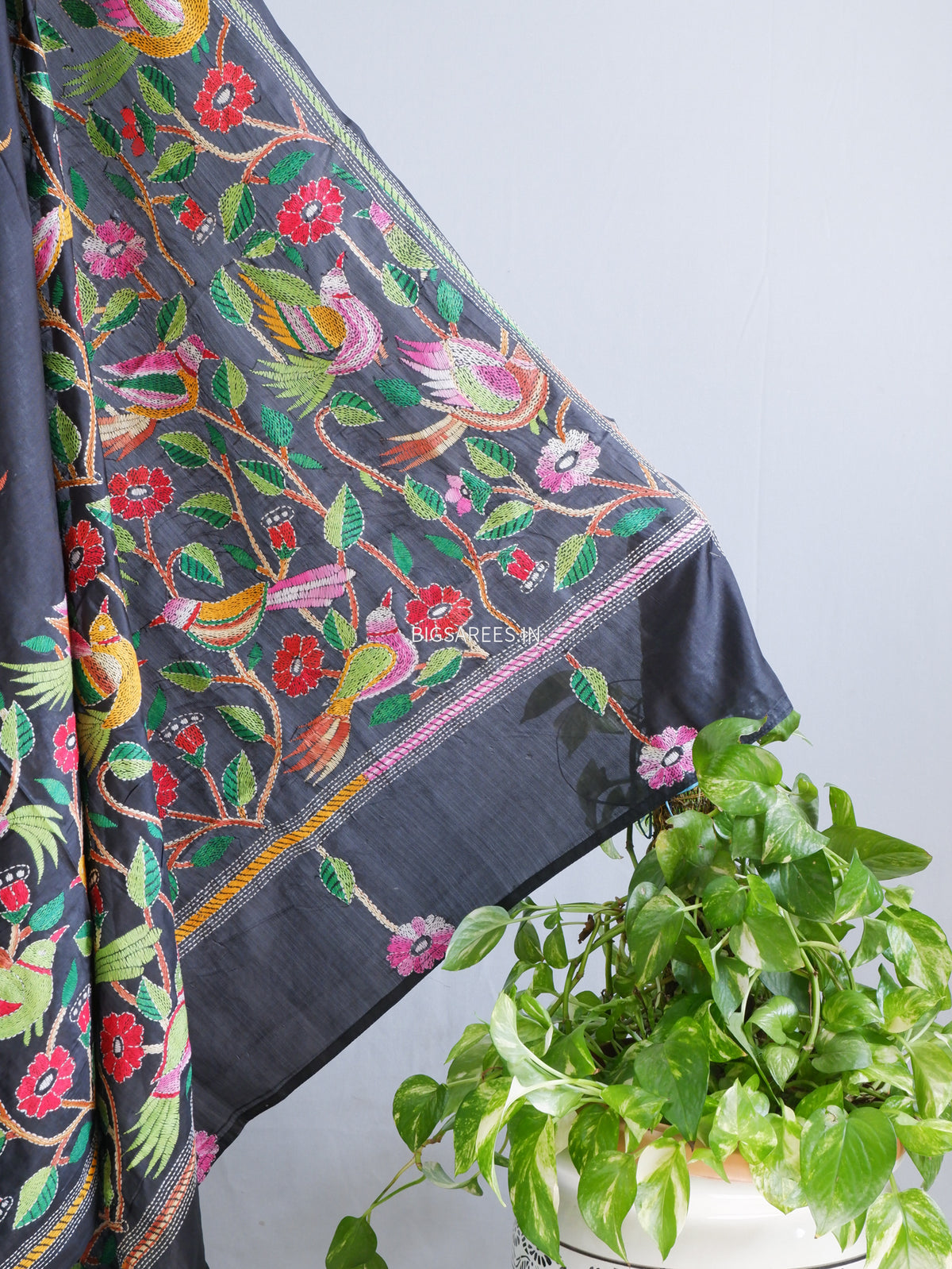 Kantha Hand Embroidered Saree | Blended Banglore Silk/Art Silk | Black