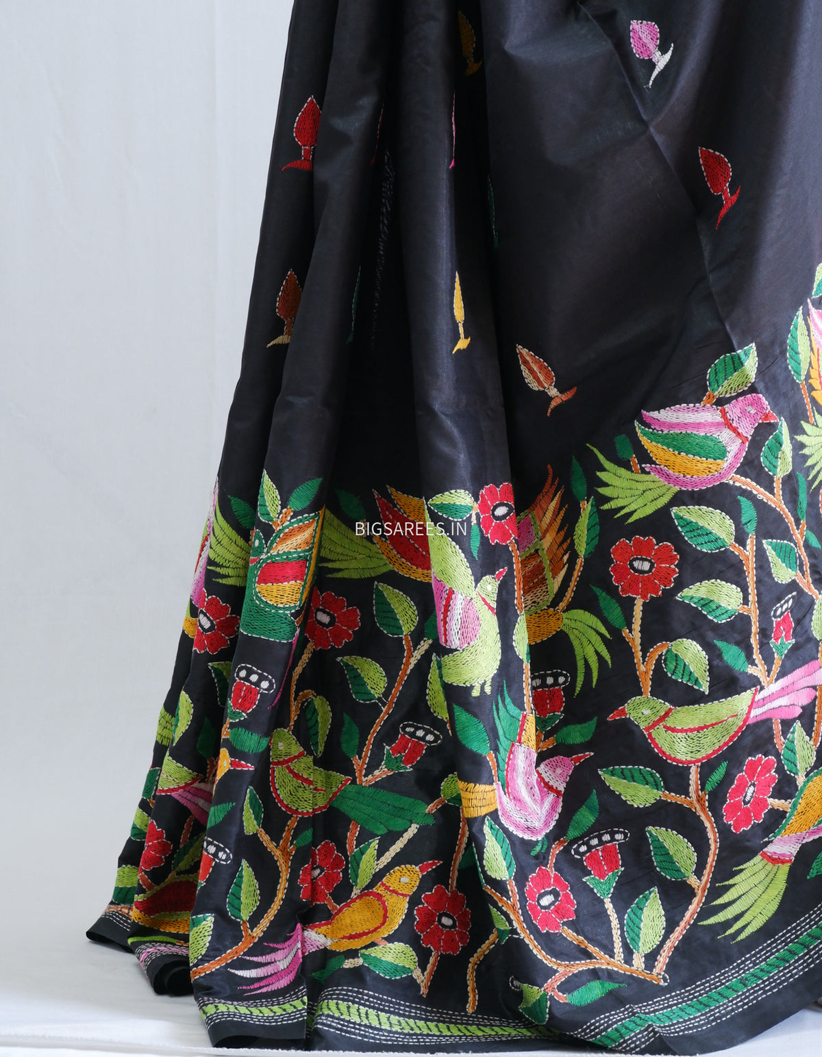Kantha Hand Embroidered Saree | Blended Banglore Silk/Art Silk | Black