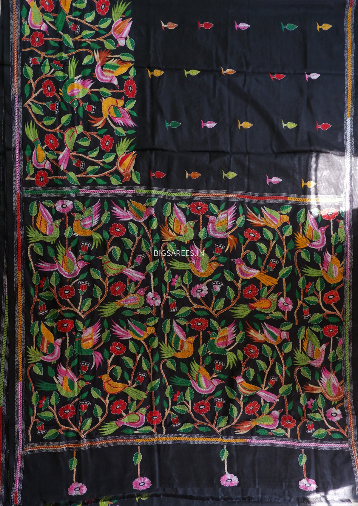 Kantha Hand Embroidered Saree | Blended Banglore Silk/Art Silk | Black
