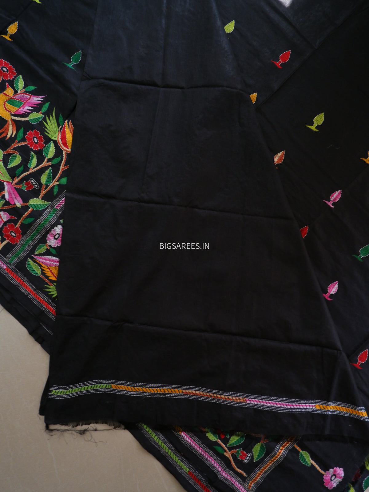 Kantha Hand Embroidered Saree | Blended Banglore Silk/Art Silk | Black