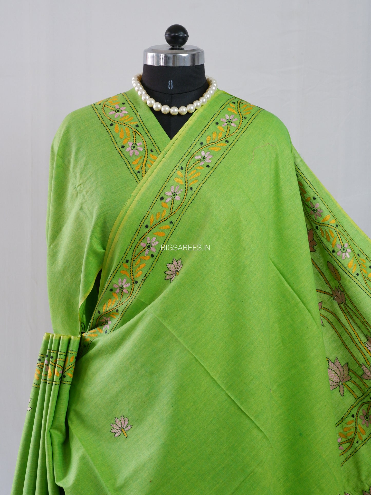 Kantha Stitch Hand-Embroidered Saree | Khadi Cotton | Green