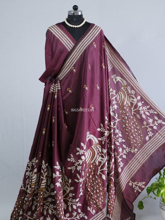 Kantha Hand Embroidered Saree | Art Silk | Violet
