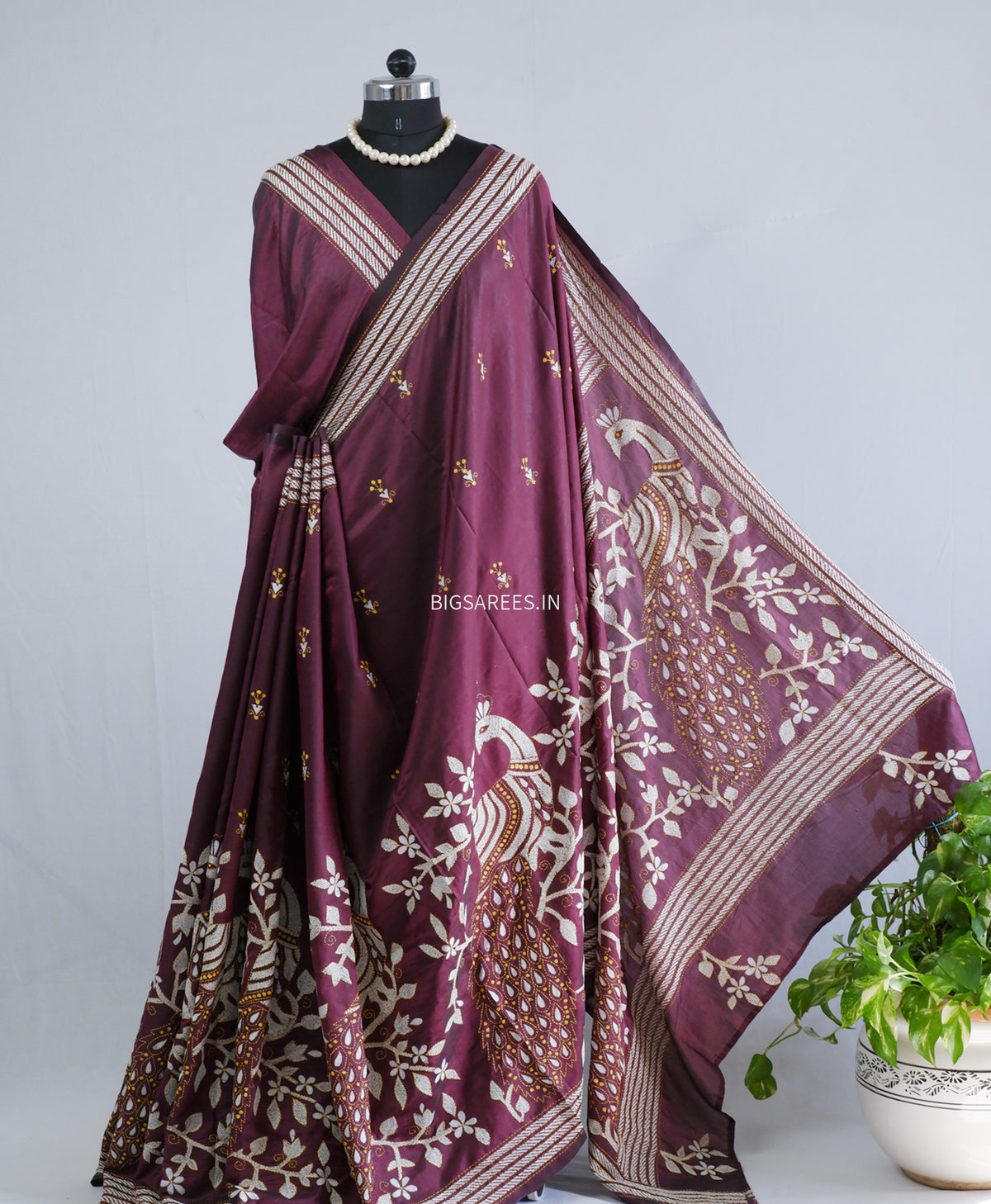 Kantha Hand Embroidered Saree | Art Silk | Violet