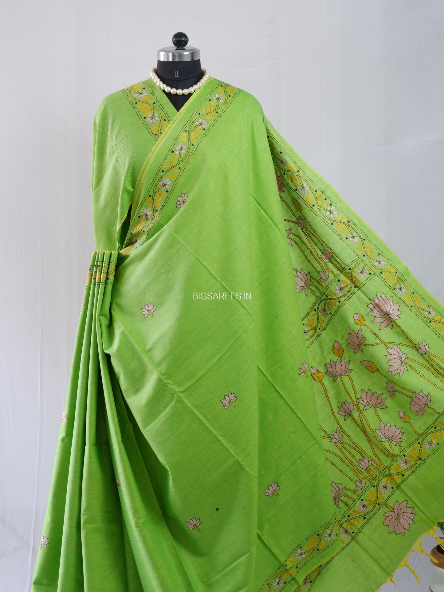 Kantha Stitch Hand-Embroidered Saree | Khadi Cotton | Green