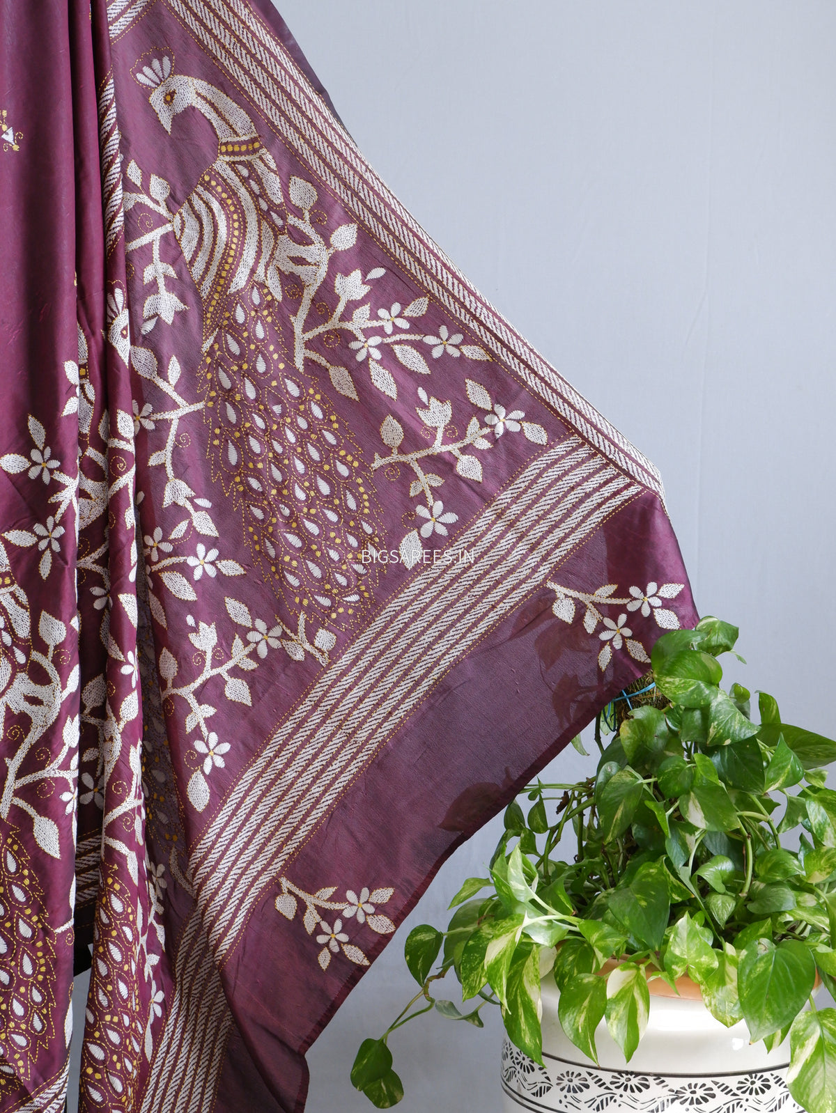 Kantha Hand Embroidered Saree | Art Silk | Violet